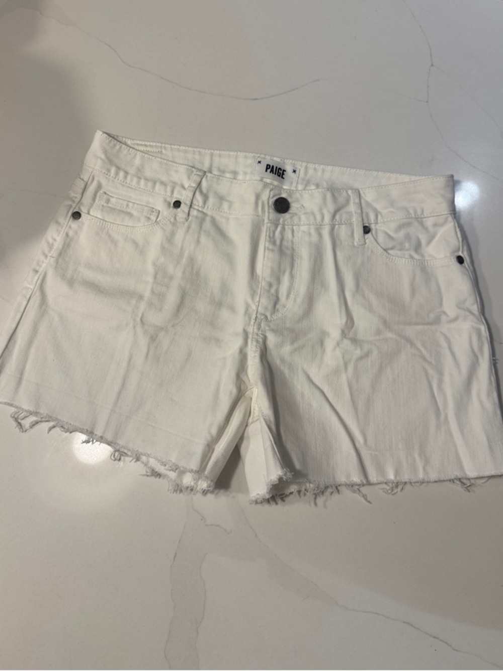 PAIGE White Frayed Hem Denim Shorts